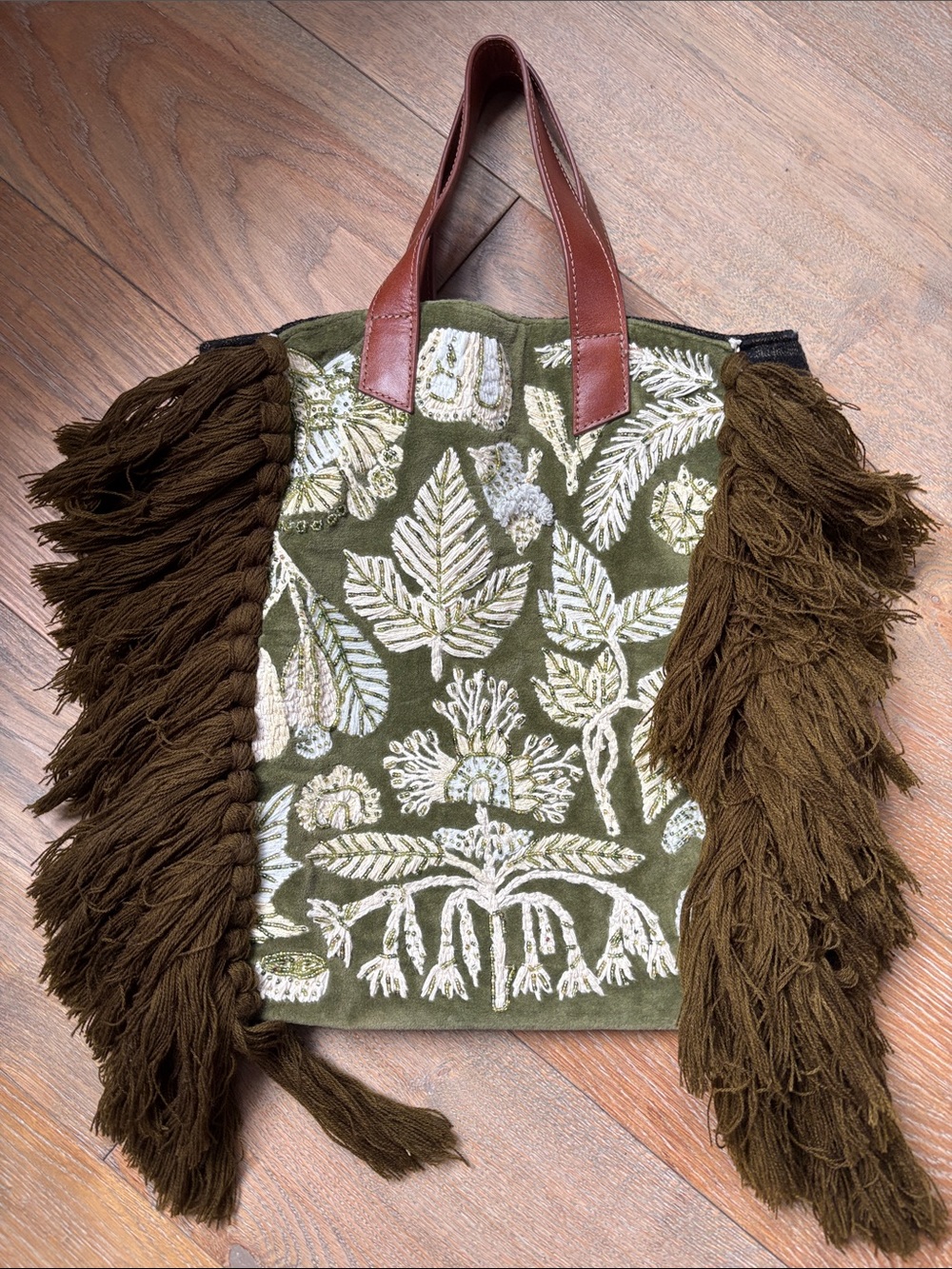 Anthropologie Olive Green Embroidered Fringe Tote with Brown Handles